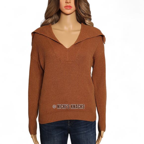Cyrus Lapel V-Neck Sweater XS – Tawny Ribbed Knit Soft Pullover Preppy Fall Top - Picture 2 of 9